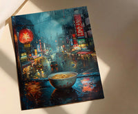 Tokyo Window Poster, Cyberpunk Neon Decor - Rainy City Ramen Bowl