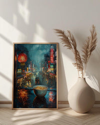 Tokyo Window Poster, Cyberpunk Neon Decor - Rainy City Ramen Bowl