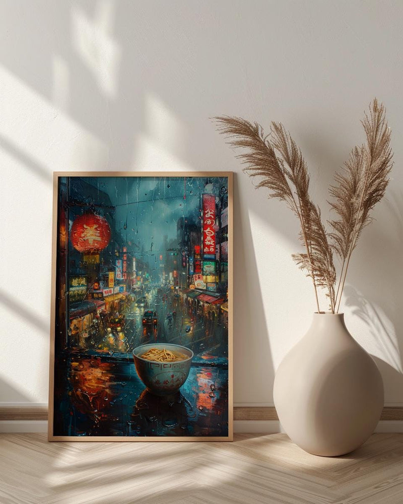 Tokyo Window Poster, Cyberpunk Neon Decor - Rainy City Ramen Bowl