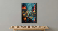 Tokyo Window Poster, Cyberpunk Neon Decor - Rainy City Ramen Bowl