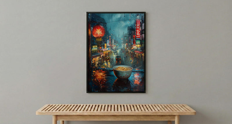 Tokyo Window Poster, Cyberpunk Neon Decor - Rainy City Ramen Bowl