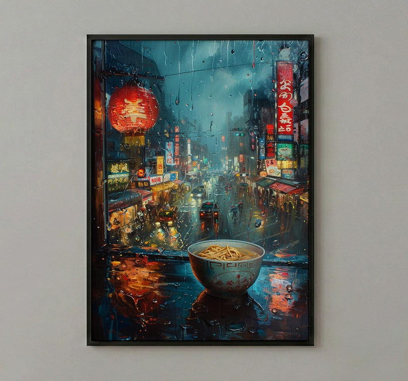 Tokyo Window Poster, Cyberpunk Neon Decor - Rainy City Ramen Bowl