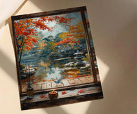 Kyoto Window Art Print, Zen Garden Decor - Autumn Red Maple Origami