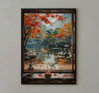 Kyoto Window Art Print, Zen Garden Decor - Autumn Red Maple Origami