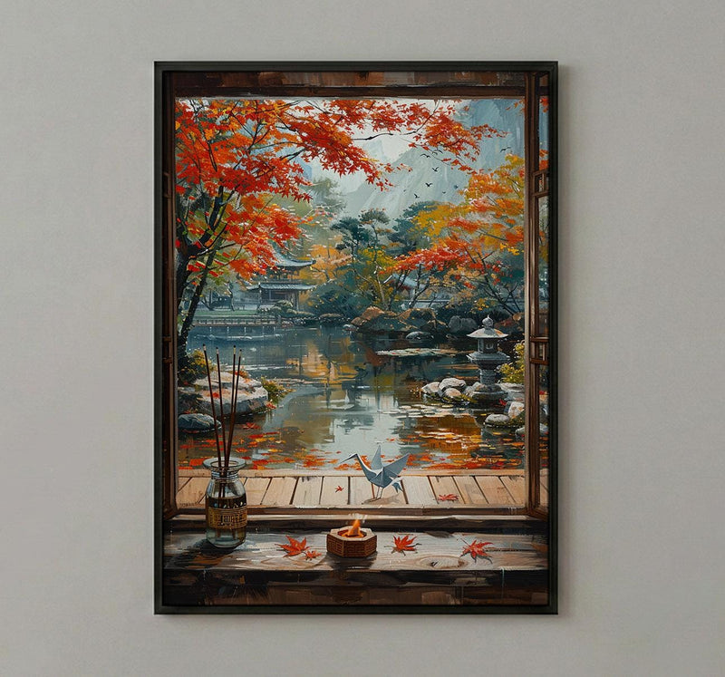 Kyoto Window Art Print, Zen Garden Decor - Autumn Red Maple Origami