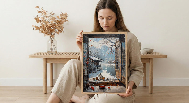Korea Window Wall Art, Hanok Village Decor - Winter Snowy Tea Set