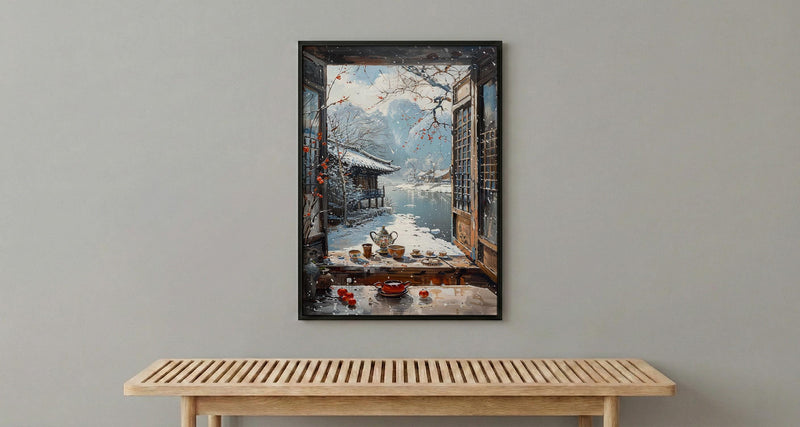 Korea Window Wall Art, Hanok Village Decor - Winter Snowy Tea Set