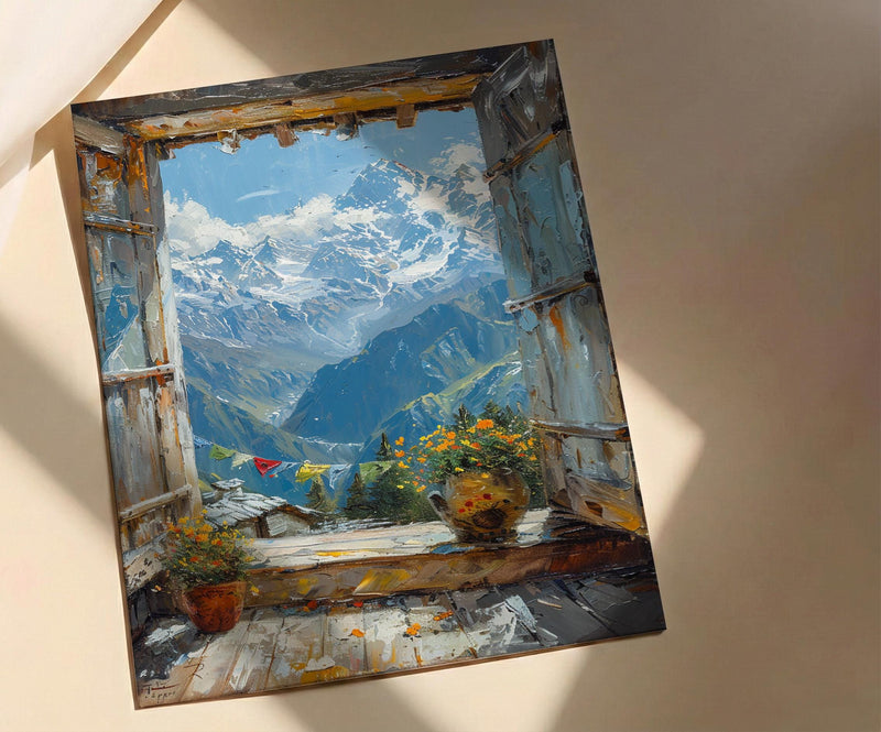 Himalayas Window Art Print, Snow Peak Decor - Prayer Flags Nepal