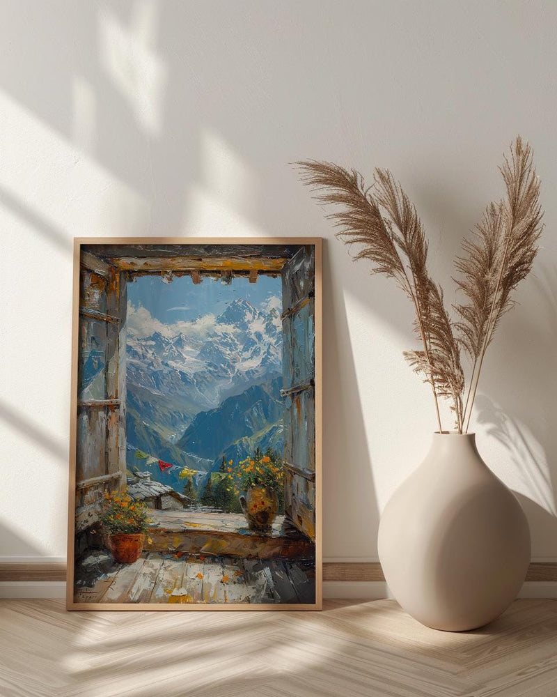 Himalayas Window Art Print, Snow Peak Decor - Prayer Flags Nepal