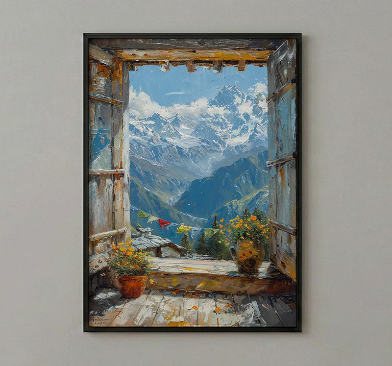 Himalayas Window Art Print, Snow Peak Decor - Prayer Flags Nepal