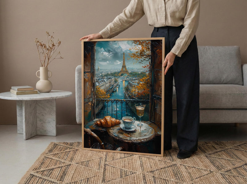 Paris Window Art Print, Eiffel Tower Decor - Croissant Cafe Landscape