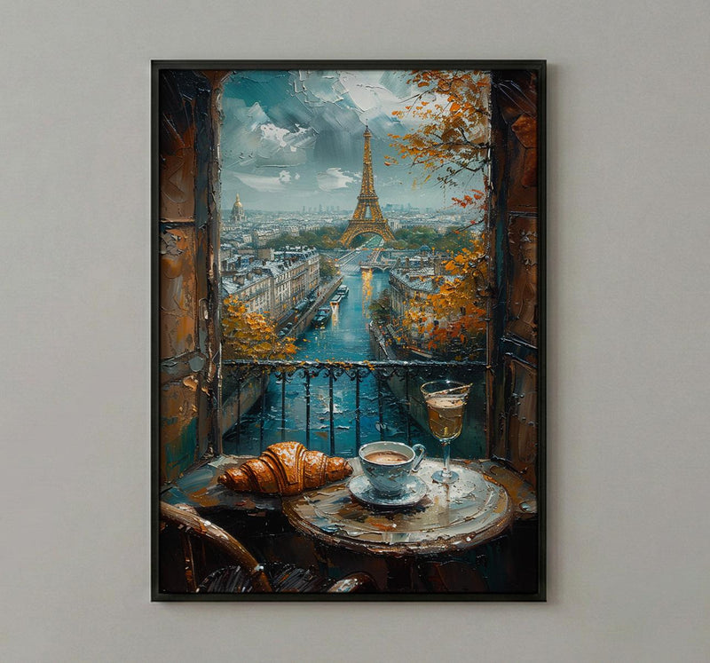Paris Window Art Print, Eiffel Tower Decor - Croissant Cafe Landscape