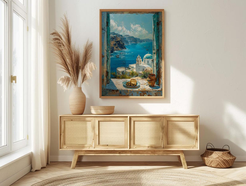 Santorini Window Art Print, Blue Dome Decor - Aegean Sea Greek Landscape