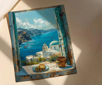 Santorini Window Art Print, Blue Dome Decor - Aegean Sea Greek Landscape