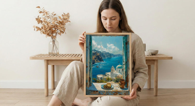 Santorini Window Art Print, Blue Dome Decor - Aegean Sea Greek Landscape