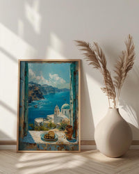 Santorini Window Art Print, Blue Dome Decor - Aegean Sea Greek Landscape