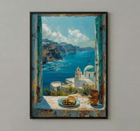 Santorini Window Art Print, Blue Dome Decor - Aegean Sea Greek Landscape