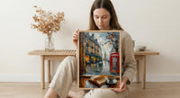 London Window Poster, Phone Booth Wall Decor - Rainy Street Tea Landscape