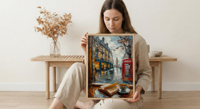 London Window Poster, Phone Booth Wall Decor - Rainy Street Tea Landscape