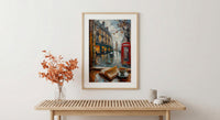 London Window Poster, Phone Booth Wall Decor - Rainy Street Tea Landscape
