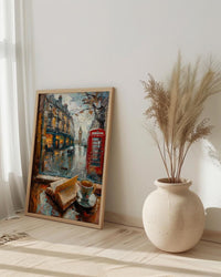London Window Poster, Phone Booth Wall Decor - Rainy Street Tea Landscape
