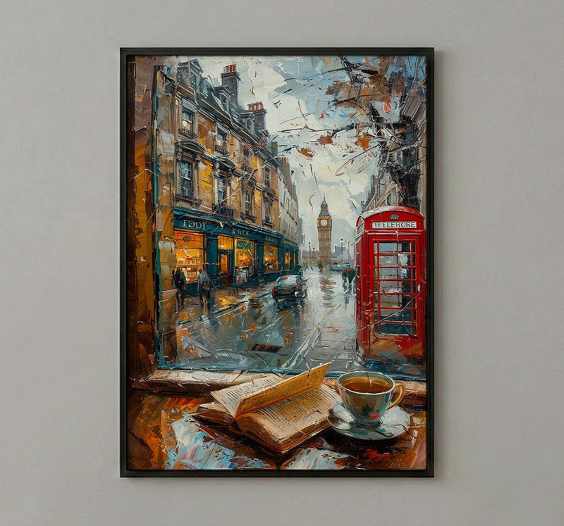 London Window Poster, Phone Booth Wall Decor - Rainy Street Tea Landscape