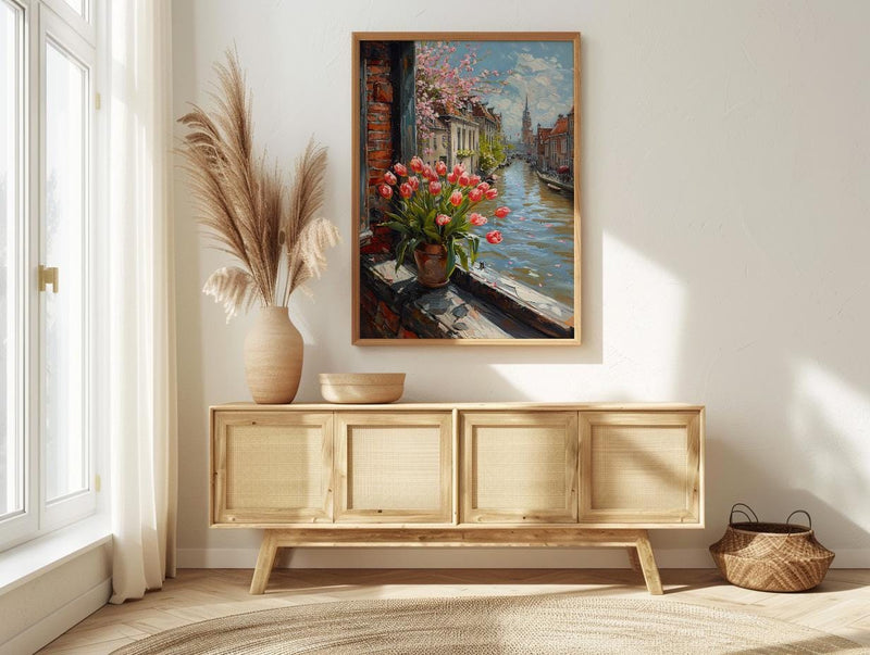 Amsterdam Window Wall Art, Canal House Decor - Red Tulip Spring Landscape