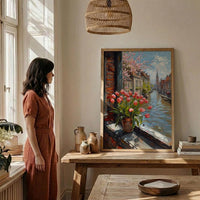 Amsterdam Window Wall Art, Canal House Decor - Red Tulip Spring Landscape
