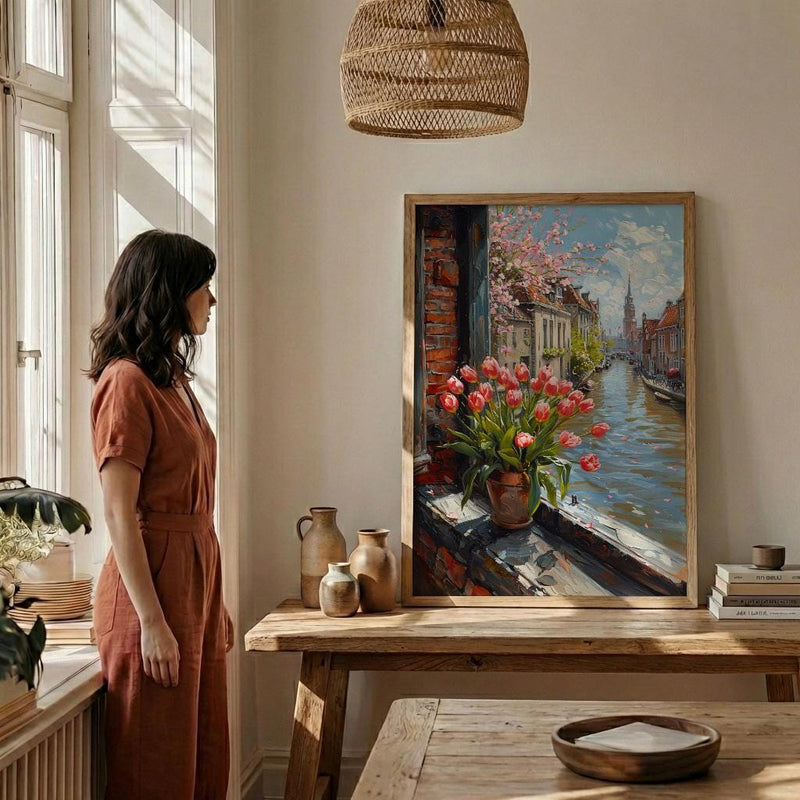 Amsterdam Window Wall Art, Canal House Decor - Red Tulip Spring Landscape