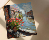 Amsterdam Window Wall Art, Canal House Decor - Red Tulip Spring Landscape