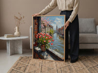 Amsterdam Window Wall Art, Canal House Decor - Red Tulip Spring Landscape