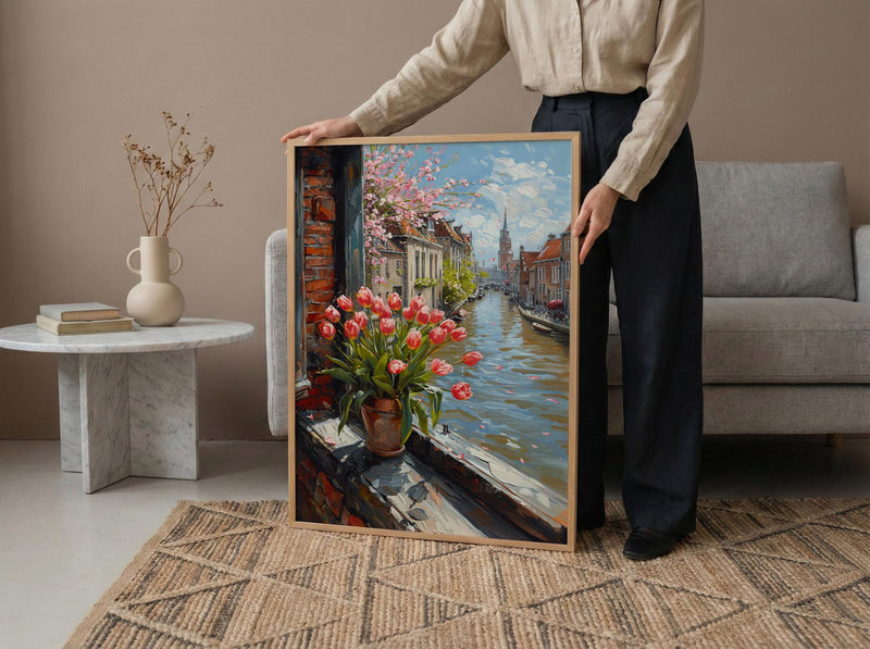 Amsterdam Window Wall Art, Canal House Decor - Red Tulip Spring Landscape