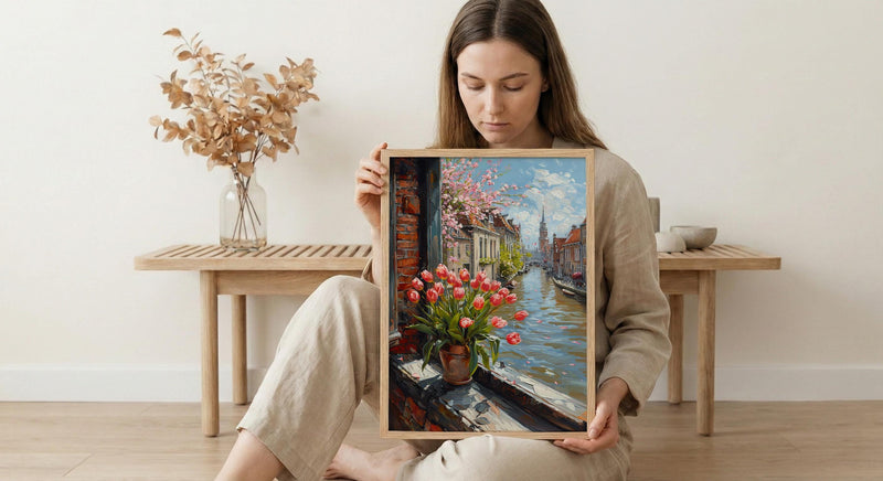 Amsterdam Window Wall Art, Canal House Decor - Red Tulip Spring Landscape