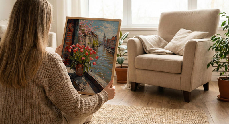 Amsterdam Window Wall Art, Canal House Decor - Red Tulip Spring Landscape