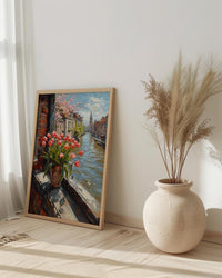 Amsterdam Window Wall Art, Canal House Decor - Red Tulip Spring Landscape