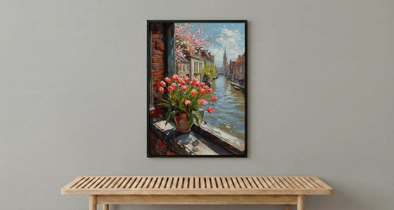 Amsterdam Window Wall Art, Canal House Decor - Red Tulip Spring Landscape