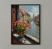 Amsterdam Window Wall Art, Canal House Decor - Red Tulip Spring Landscape