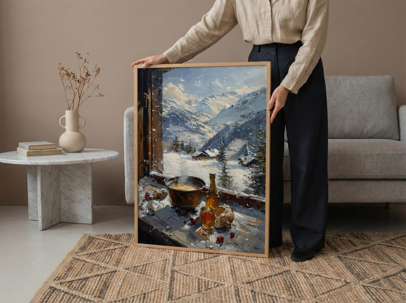 Switzerland Window Art Print, Alps Mountain Decor - Cheese Fondue Landscape