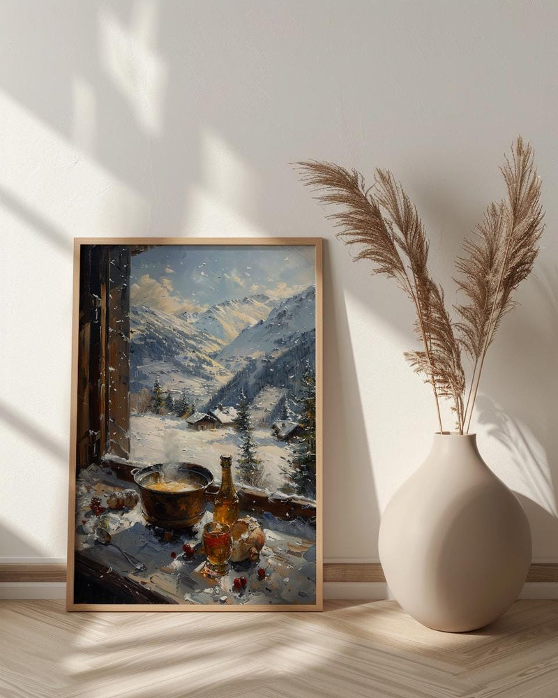 Switzerland Window Art Print, Alps Mountain Decor - Cheese Fondue Landscape