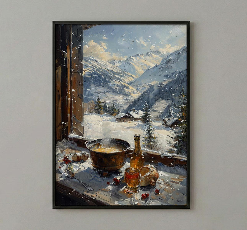 Switzerland Window Art Print, Alps Mountain Decor - Cheese Fondue Landscape