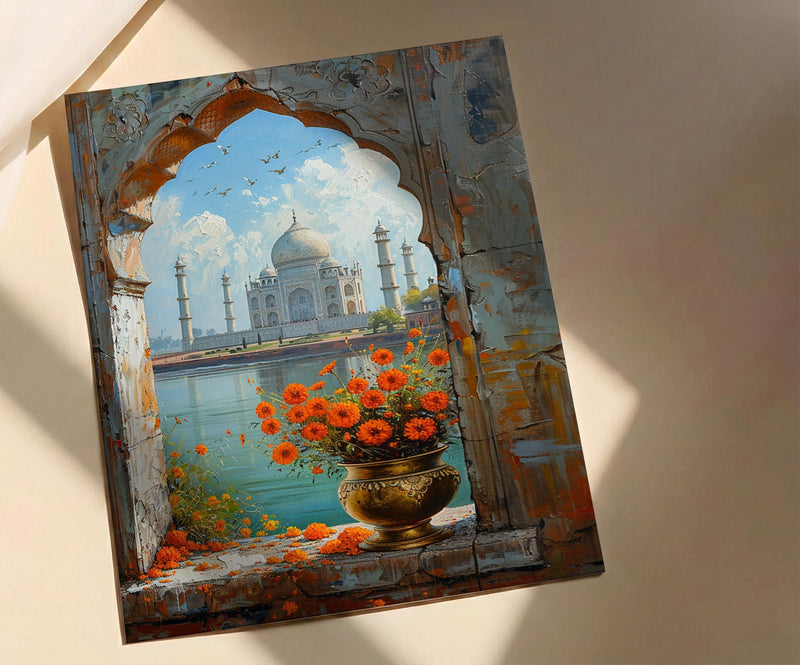 Taj Mahal Window Art Print, India Decor - Marigold Sunrise Landscape