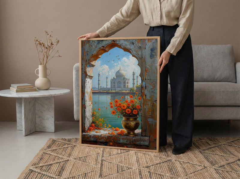 Taj Mahal Window Art Print, India Decor - Marigold Sunrise Landscape