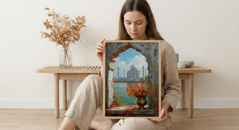 Taj Mahal Window Art Print, India Decor - Marigold Sunrise Landscape