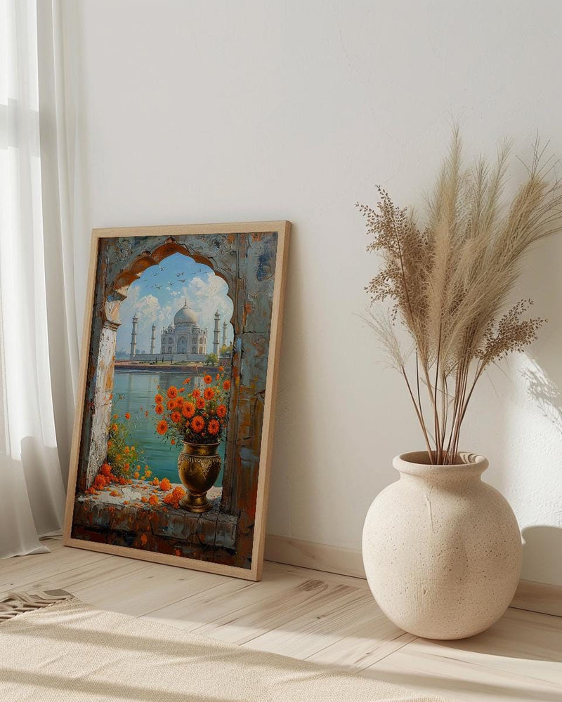 Taj Mahal Window Art Print, India Decor - Marigold Sunrise Landscape