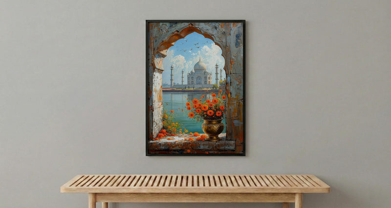 Taj Mahal Window Art Print, India Decor - Marigold Sunrise Landscape