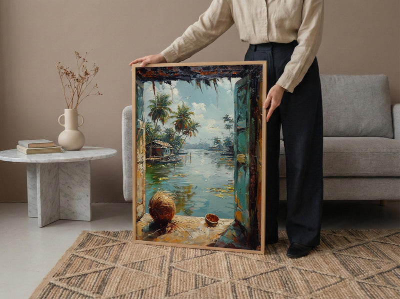 Kerala Window Poster, Tropical Jungle Decor - Backwaters Coconut Art