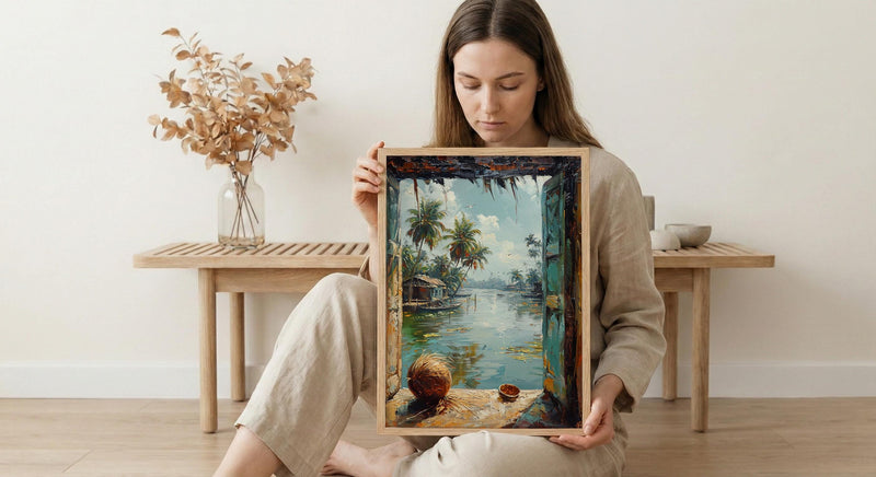 Kerala Window Poster, Tropical Jungle Decor - Backwaters Coconut Art