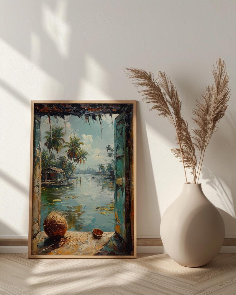 Kerala Window Poster, Tropical Jungle Decor - Backwaters Coconut Art