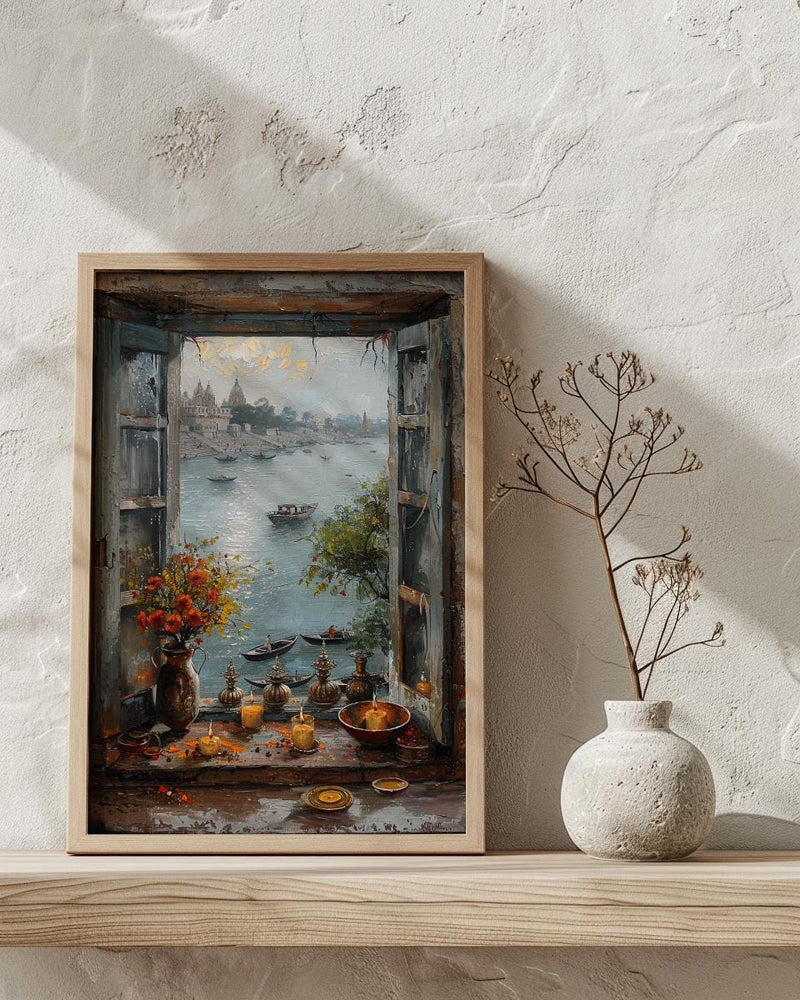 Varanasi Window Wall Art, Ganges River Decor - Spiritual Sunset Print