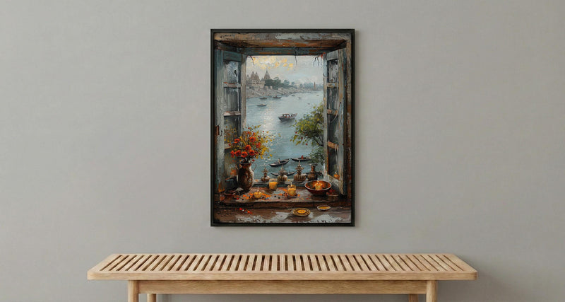 Varanasi Window Wall Art, Ganges River Decor - Spiritual Sunset Print